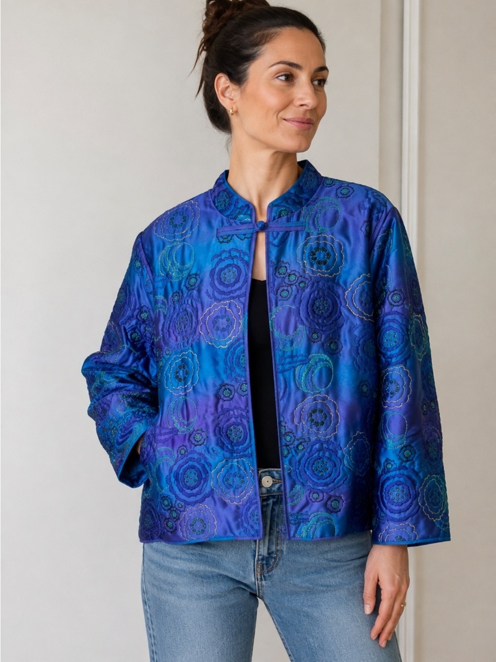 Vintage Chico’s Design 100% Silk Embroidered Blue Purple Art-to-Wear